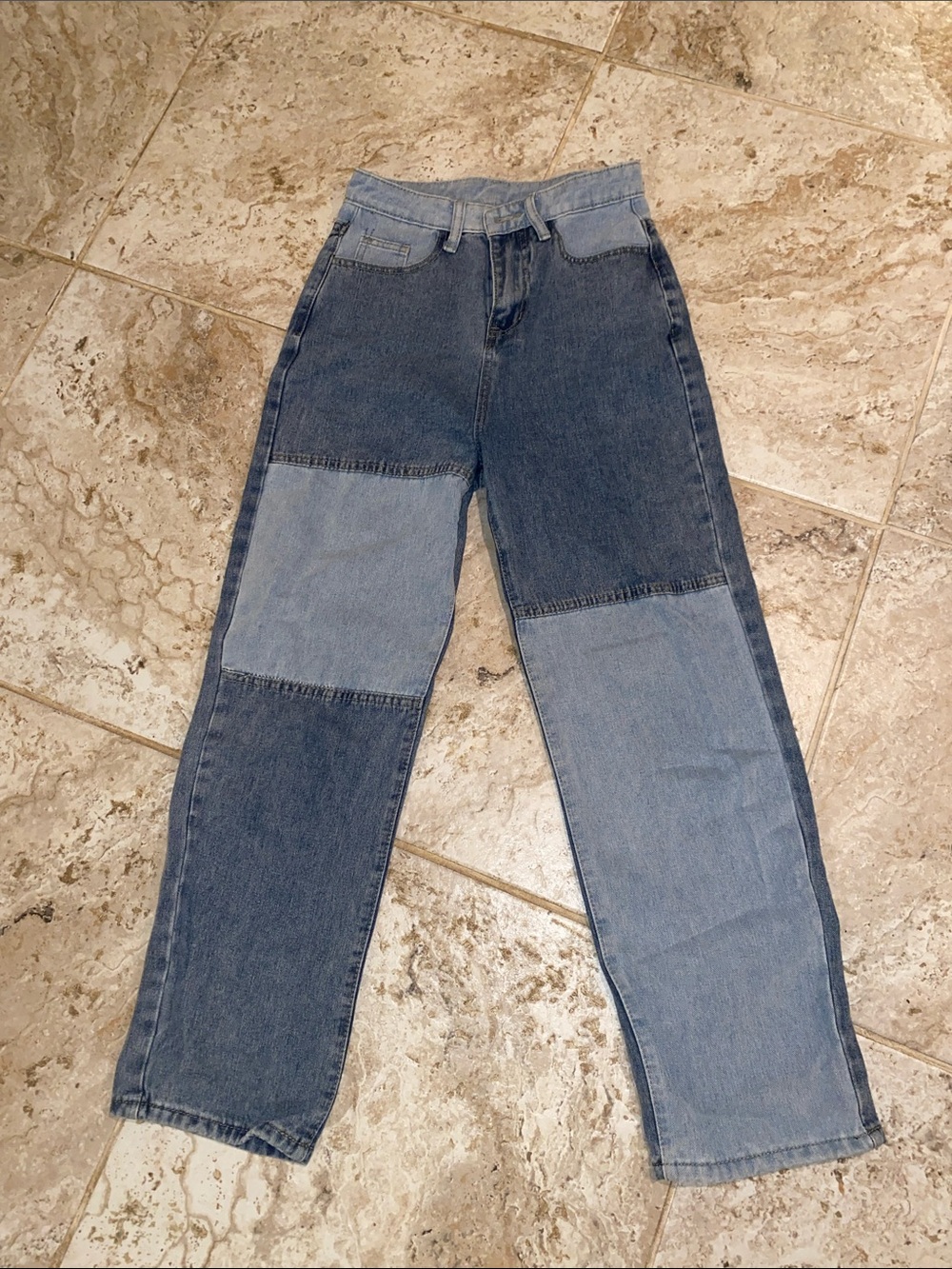 Two-Tone Patchwork Denim Jeans - Blue